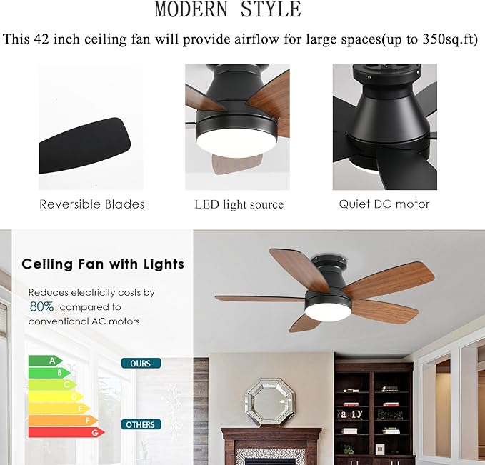 Ceiling Fans with Lights, 42 Inch Low Profile Ceiling Fan with Light and Remote/App Control, Flush Mount, Reversible, 3CCT, Dimmable, Noiseless, Brown Ceiling Fan for Indoor/Outdoor Use