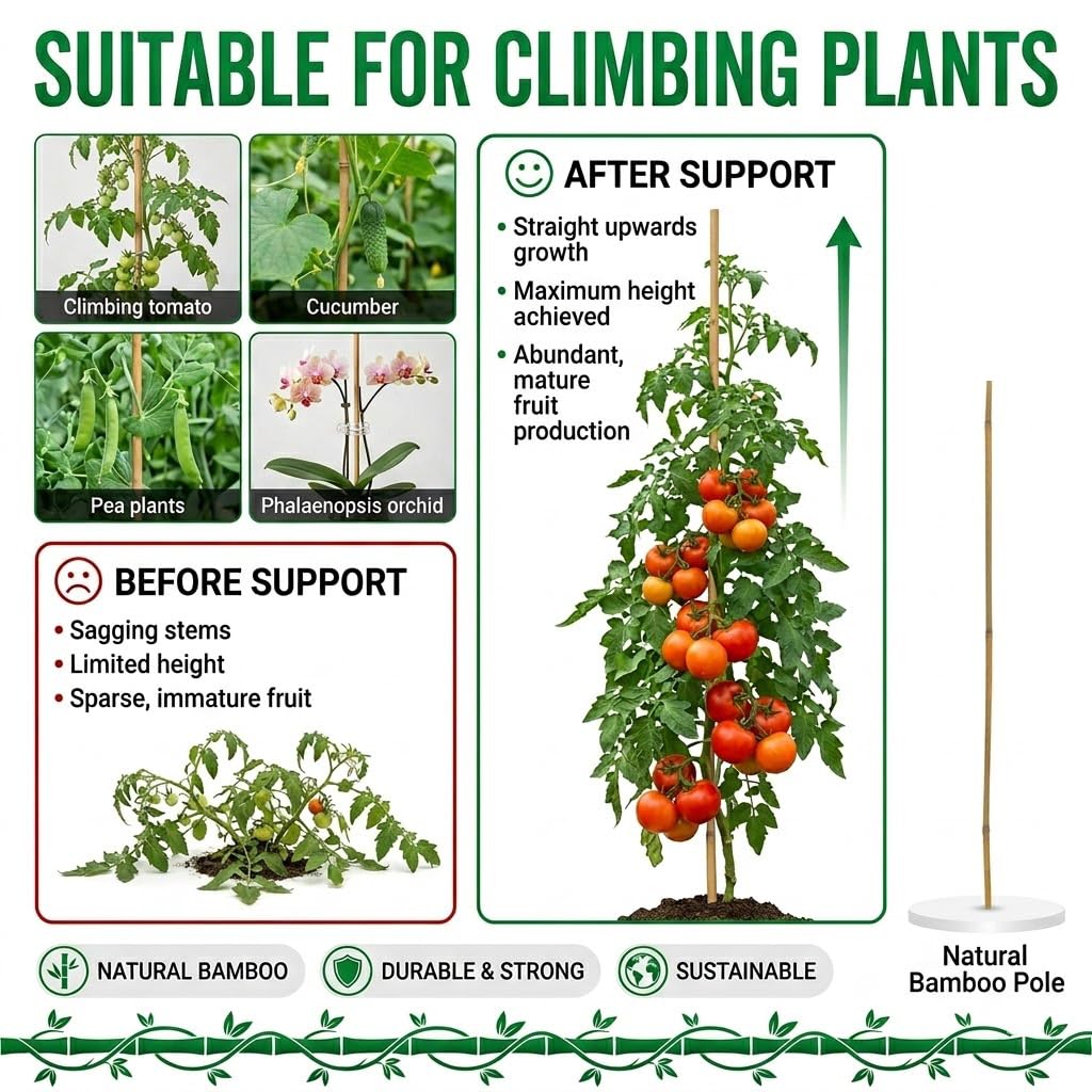 Plant Stakes Natural Bamboo Sticks - 50 Pcs Bamboo Garden Stakes for Plants 18 Inches Plant Support Sticks with Twist Ties for Tomatoes Beans Orchid Flowers Indoor Outdoor Potted Climbing Plants