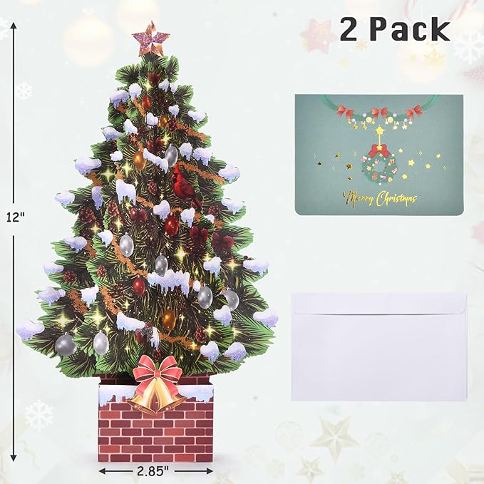 Pop Up Christmas Cards, 12 Inch Christmas Tree with Snow Scenery Design, 3D Paper Popup Greeting Card for Christmas with Envelop & Note Card, Foldable Keepsake Xmas Holiday Cards -2 Pack