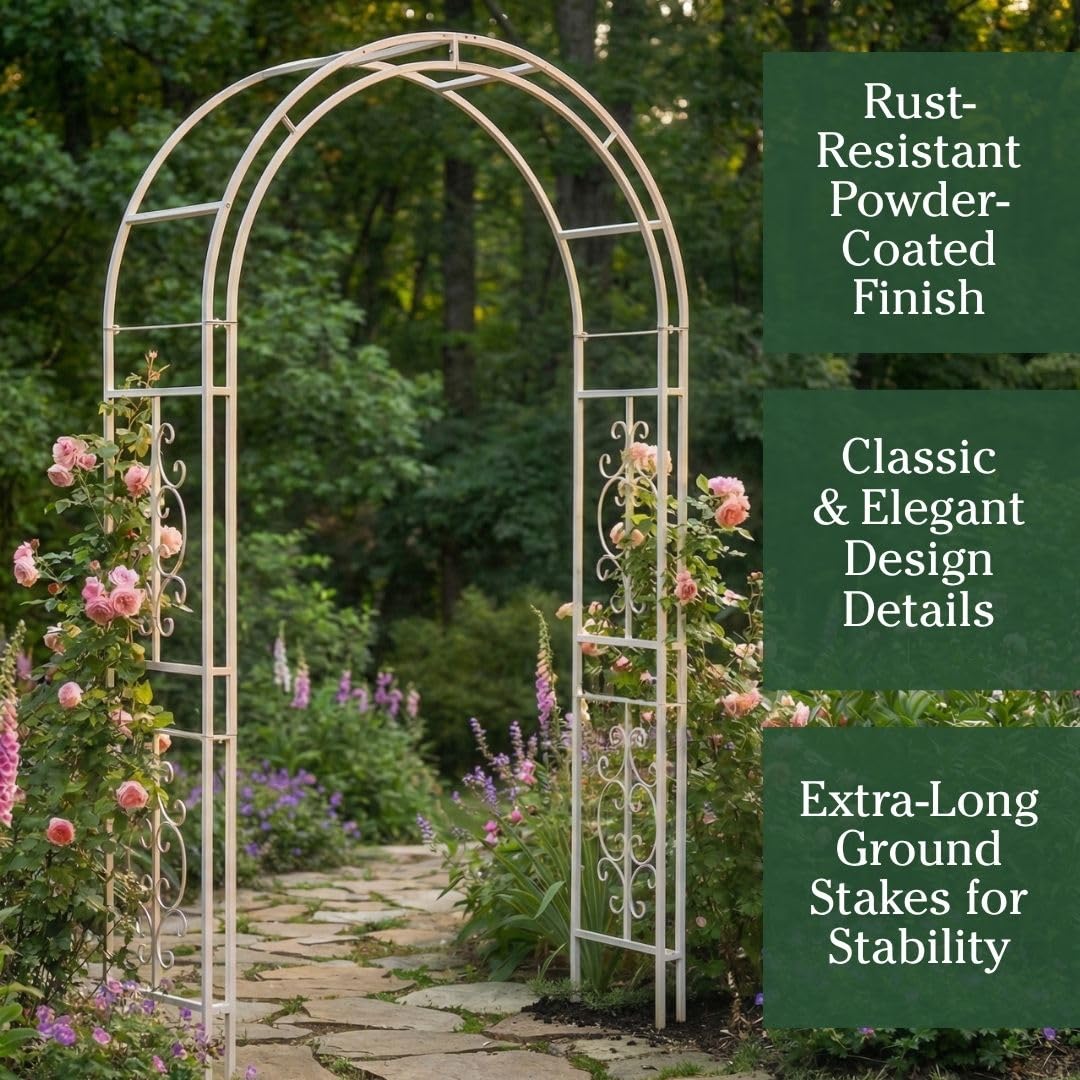 Plow & Hearth Arch Metal Outdoor Garden Arbor Montebello White, 7 Feet Tall, Iron Trellis Lattice for Climbing Plants, Wedding Arch, Outdoor Patio Décor
