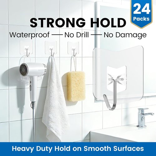 Heavy Duty Adhesive Hooks 24 Pack - No Drill Plastic Hangers Hold 15 lbs | Ideal for Bathroom, Kitchen & Bedroom