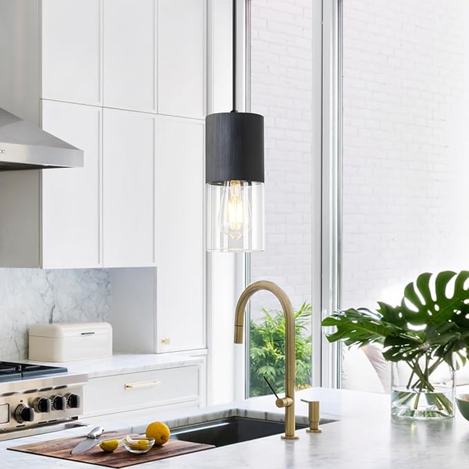 2-Pack Black Pendant Light Fixtures, Adjustable Modern Pendant Lights for Kitchen Island, Industrial Clear Glass Pendant Lights for Dining Table Hallway Bedroom Living Room