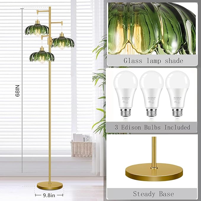 Dimmable Floor Lamps for Living Room Bedroom-3 Light Gold Floor Lamp with Glass Lampshape, Flower Tall Lamp Mid Century Modern Standing Lamp Glass Tree Floor Lamps for Living Room Bedroom,Corner