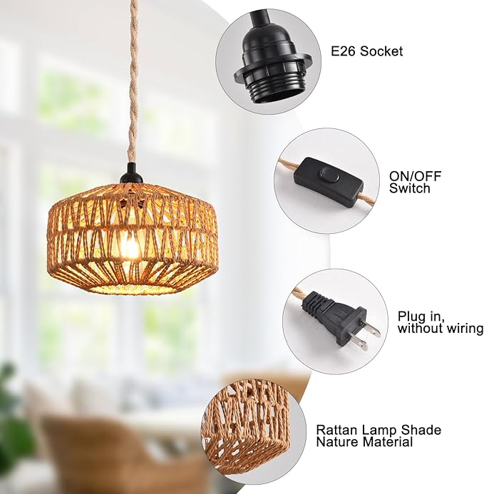 Industrial 15ft Pendant Light Cord -Plug in Hanging Light Fixture, 15FT Farmhouse Pendant Lamp Lights with Switch Cord for Kitchen Island Bedroom Living Room