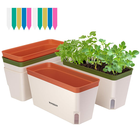 VIVOSUN Self-Watering Planters, 4-Pack 10.5 Inch Compact Rectangular Window Herb Planter Box with 10 PCS Plant Labels, Plant Container for Basil, Flowers, Succulents, Indoor & Outdoor