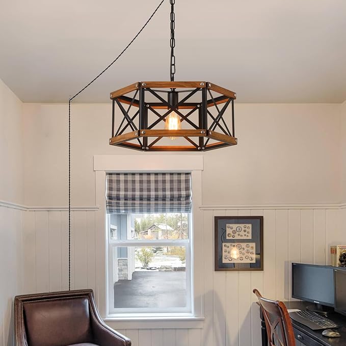 Rustic Farmhouse Large Plug in Pendant Light Fixture with Adjustable Chain, Dimmable Switch, 17.8 inch Industrial Oak Wood and Metal Cage Hanging Lamp for Dining Room Kitchen Farmhouse Entry, Black