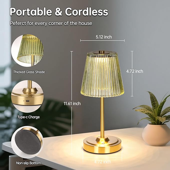 Cordless Touch Table Lamp with 5200mAh Battery - 3 Adjustable Color Temperatures & Dimmable, Rechargeable Desk Lamp for Bedroom, Living Room, Office, Entryway, Bookshelves (Green Stripe)
