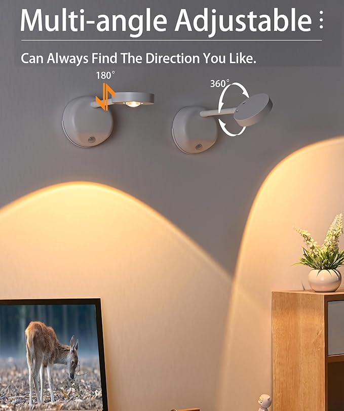2200mAh Cat's Eye Bulb Motion Sensor Picture Light, LED Wall Sconce, Spotlight Painting Night Lamp, Rechargeable Battery Operated 3 Color & Dimmable 360° Rotation (White, 2 Pcs)
