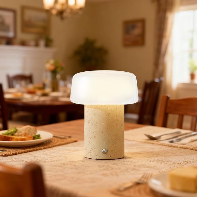 7 inch Mushroom Lamp, Cute Cordless Rechargeable Table Lamp with Glass Shade, 3 Color Temps LED Dimmable Ambient Lighting, Small Retro Touch Bedside Light for Decor, Resin Base.