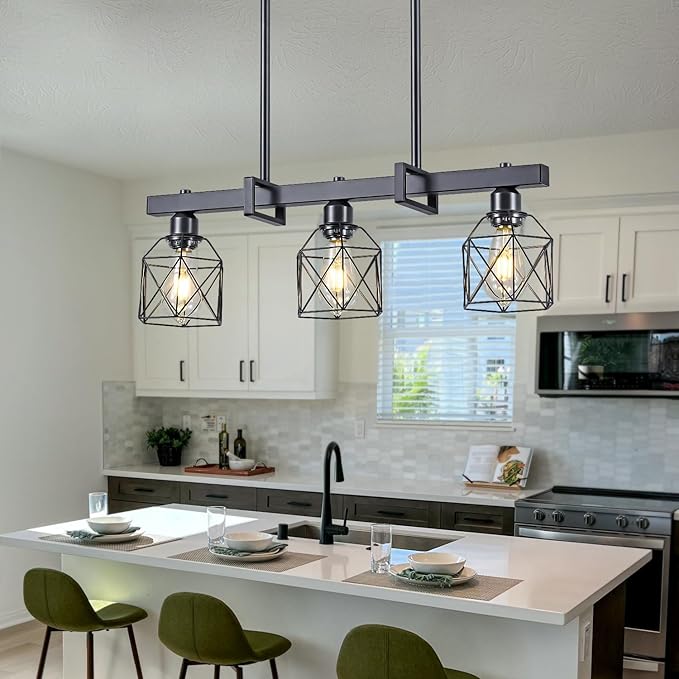3-Light Vintage Industrial Pendant Light Over Table, Adjustable Hanging Light with Matte Black Metal Frame, E26 Base Modern Rustic Chandelier for Kitchen Island