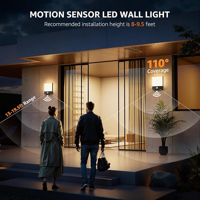 Aoceeley Modern Outdoor Led Wall Light with Motion Sensor,24W 3000K Porch & Patio Light,Exterior Hardwired Wall Light Fixtures,IP65 Waterproof Square Wall Lamp for Garage, Front Door(Black,1-Pack)