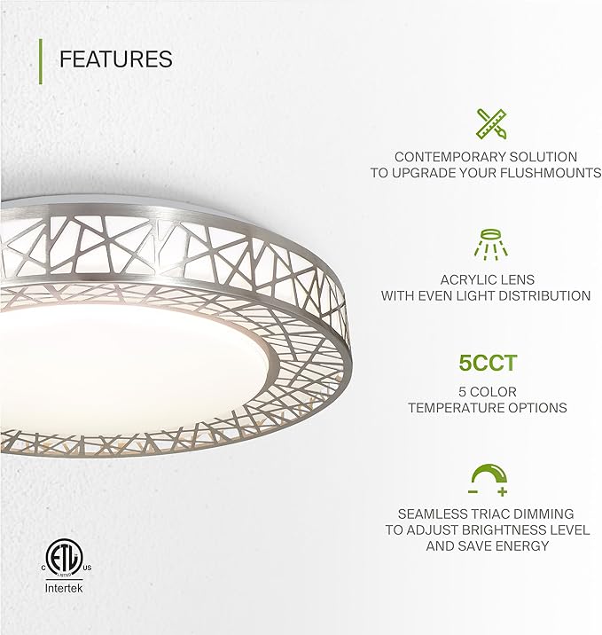 ASD 16 Inch LED Flush Mount Ceiling Light Fixture for Bedroom, 28W 1752LM 5CCT 2700K-5000K, Dimmable Lights, Dining, Living Room, Kitchen Lamps, Modern Home Lighting Fixtures, Nickel, ETL, 4 Pack