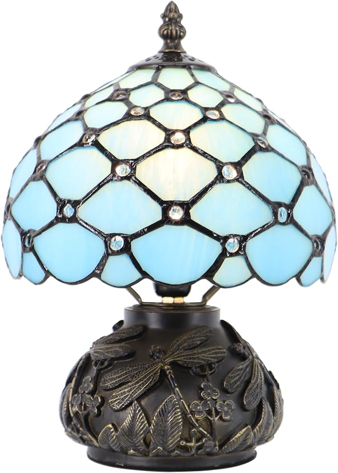 Small Tiffany Mushroom Table Lamp,Mini Memory Sympathy Antique lamp 8X11 Inch (Sea Blue Beads)
