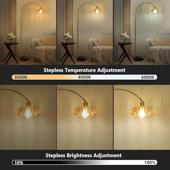 Gold Floor Lamp for Bedroom, Arc Floor Lamp with Remote & LED Bulb, Flower Standing Lamps for Living Room, Glass Corner Tall Lamp, Mid Century Modern Floor Lamps, Arched Stand Up Lamp (Amber)