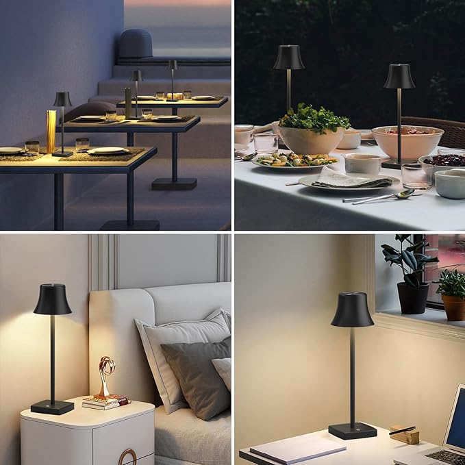 2 Pack LED Cordless Table Lamps Rechargeable,5000mAh Battery Operated Table Light,3 Color Stepless Dimming,Portable Small Desk Lamp in Aluminum for Party Patio Restaurant Indoor/Outdoor(Black)