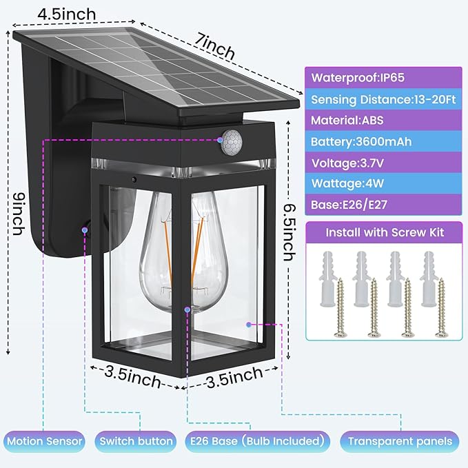 2 Pack RGB Solar Wall Lights Outdoor, Dusk to Dawn & Motion Sensor Porch Light with Lantern Shape, 10 Modes (RGB Cycle/Fixed) IP65 Waterproof, E26 Bulb Exterior Sconce for Front Porch, Garage, Patio