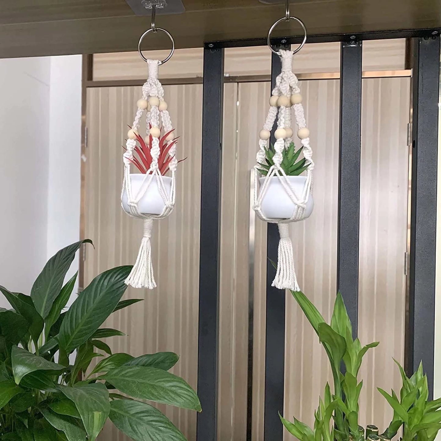 Macrame Plant Hanger 3 Pack Mini Hanging Planter Holder 10.5 Inch Indoor and Outdoor Hanging Planter Rope Boho Handmade Plant Cotton Rope with Beaded, Tassel and 3 Hooks for Home Balcony Decor, Ivory