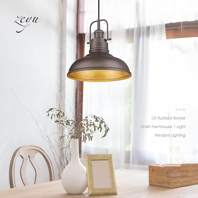 zeyu 2 Pack Farmhouse Pendant Light Fixtures, 11-inch Ceiling Hanging Light Fixtures for Kitchen Dining Room, Oil Rubbed Bronze Finish, 016-1-2PK ORB