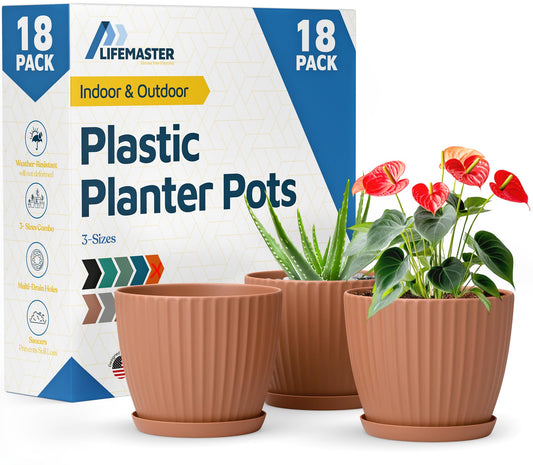 Terracotta 6-Inch Plant Pots with Drainage & Saucers 18 Pack, Indoor & Outdoor Planters for Houseplants, Herbs, and Flowers, Durable & Weatherproof Material, Stackable, Lightweight, Minimalist Design