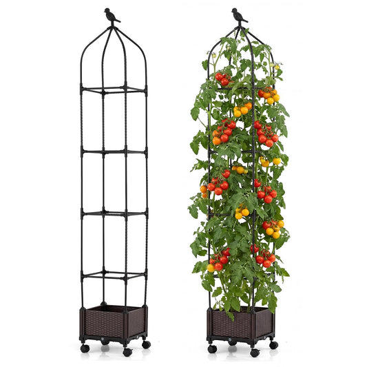 HAPPYGRILL Raised Garden Bed with Trellis, Self-Watering Tomato Cages, 83” 67” 51” Adjustable Height, Indoor Outdoor Obelisk Planter Box w/Trellis & Wheels for Climbing Plants Vines Fruits (2)