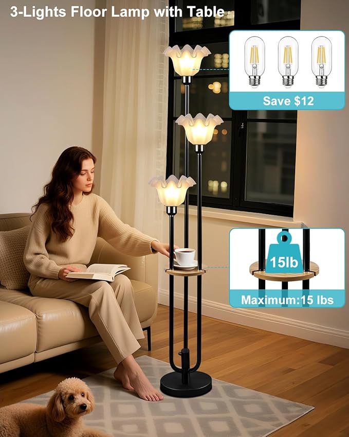 Lightdot Flower Floor Lamp for Living Room, Dimmable Vintage Floor Lamp with Shelf& Bulbs Included, 3 Light Warmwhite Mid Century Black Floral Standing Tall Lamp for Bedroom/Sofa Beside/Corner Decor