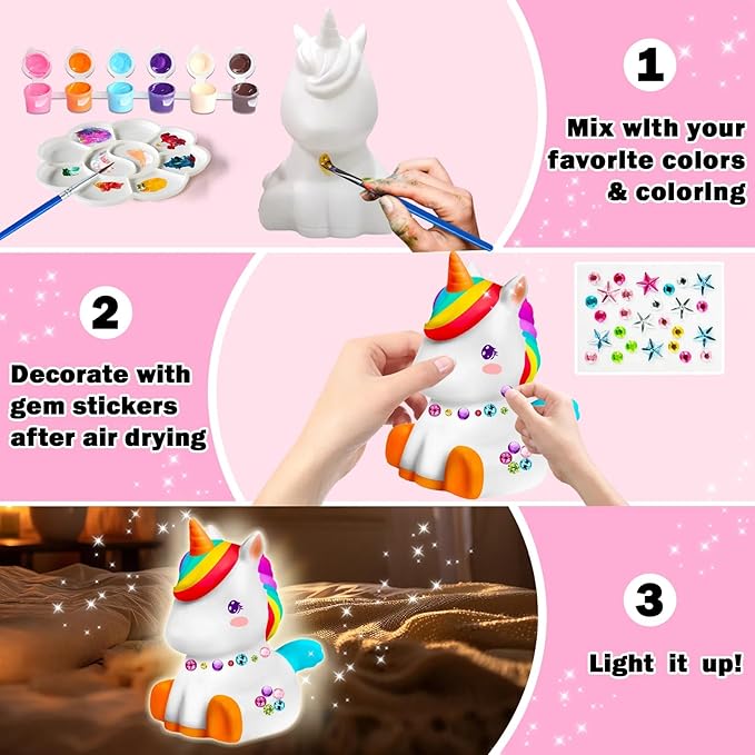 FUNZBO Paint Your Own Unicorn Lamp Kit - Easter Basket Stuffers, Arts and Crafts Supplies Painting for Kids Teens, DIY Night Light Unicorn Toy for Girl Boy Age 3 4 5 6 7 8 9 10 11 12 13 Birthday Gift