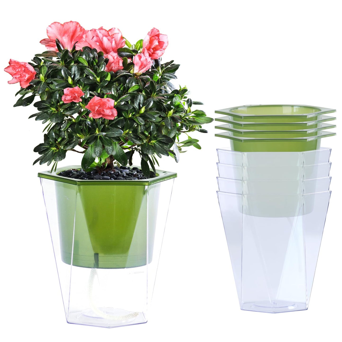Oliz Self Watering Planter 5 Pcs, 4.5 Inch Flower Plant Pot with Transparent Inner Pot, Gardening Flowerpot with Watering Can, Indoor Self Watering Planter Pot for Herbs, Flowers (Green)