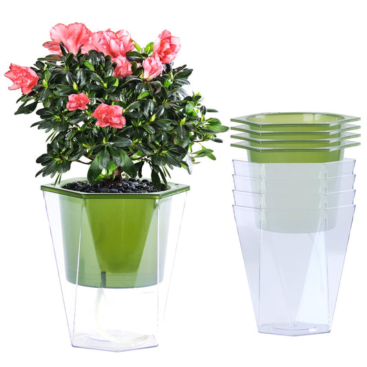 Oliz Self Watering Planter 5 Pcs, 4.5 Inch Flower Plant Pot with Transparent Inner Pot, Gardening Flowerpot with Watering Can, Indoor Self Watering Planter Pot for Herbs, Flowers (Green)