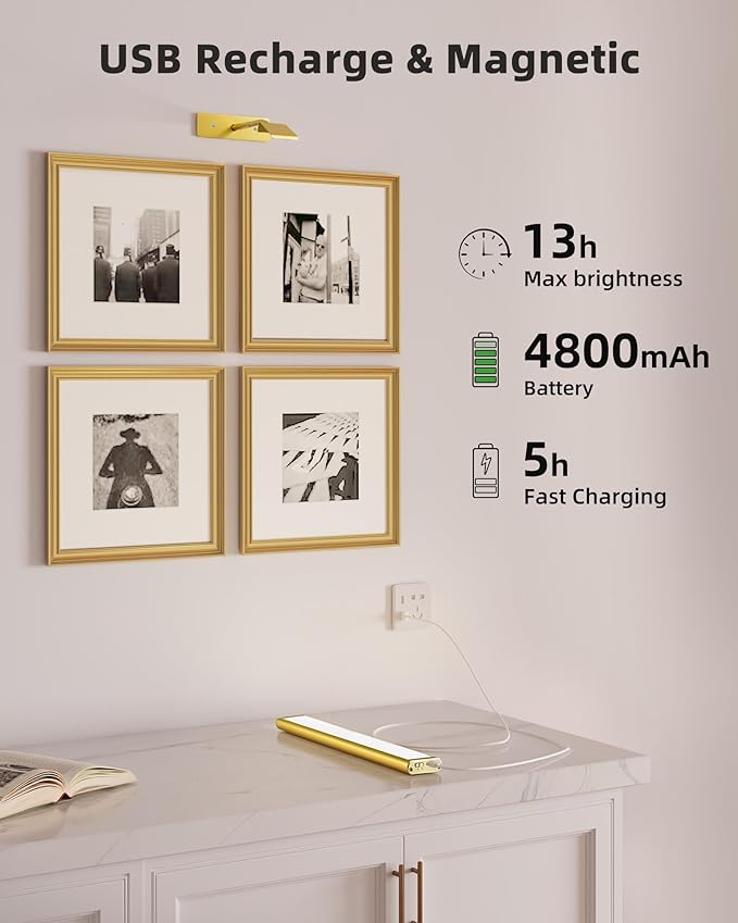 EZVALO Picture Light for Wall, 4800mAh Rechargeable Wireless Remote, Dimmable Magnetic LED Art Display Light with 3 Color Temperatures, for Gallery, Living Room, Bedroom, Hallway (Gold-2Pack)