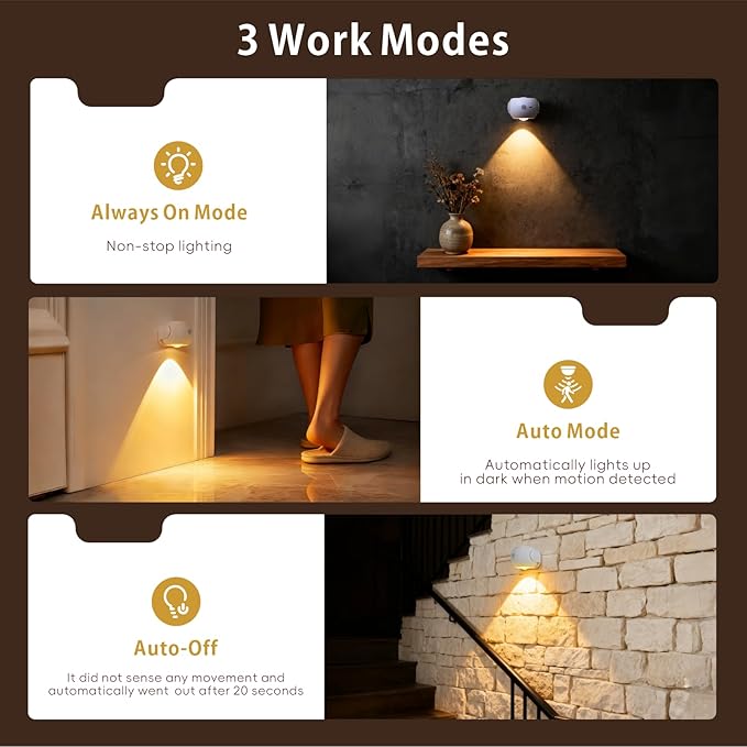 Motion Sensor Wall Light，350° Rotatable Brightness Adjustable Wireless Wall Light, 3 Color Modes Rechargeable Battery Operated Wall Lights for Bedroom, Hallway, Stairs, Closet, Bathroom
