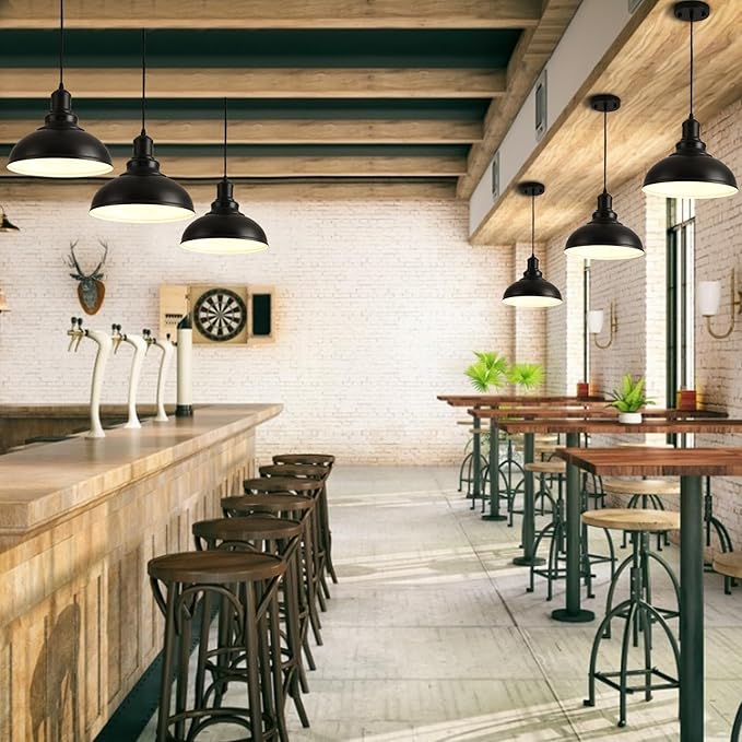 Pendant Lights, Farmhouse Pendant Lamp with Metal Shade (White Inside), Matte Black Industrial Pendant Lighting for Kitchen Island, Dining Room, Bedroom, Hallway