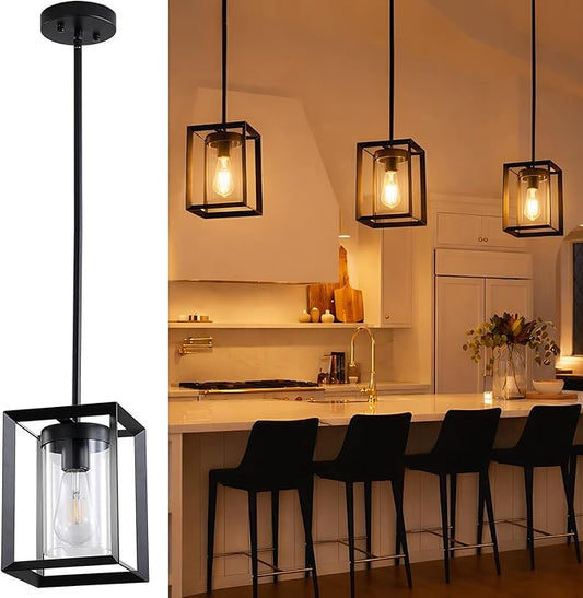1 Pack Farmhouse Black Kitchen Island Pendant Light Fixture,Height Adjustable Metal Rod Hanging Modern Pendant Lighting with Metal Cage Clear Glass Shade for Entryway Bedroom