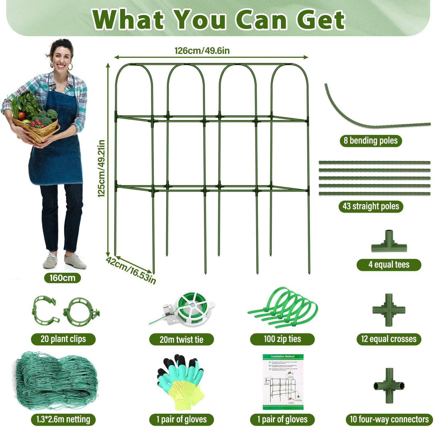 Cucumber Trellis for Garden, Upgrade U-Shaped Metal Garden Trellis Plant Grow Support Frame for Climbing Plants Vegetable Flower Fruits Vine Raised Bed with Netting, Instruction, Garden Tools, Green