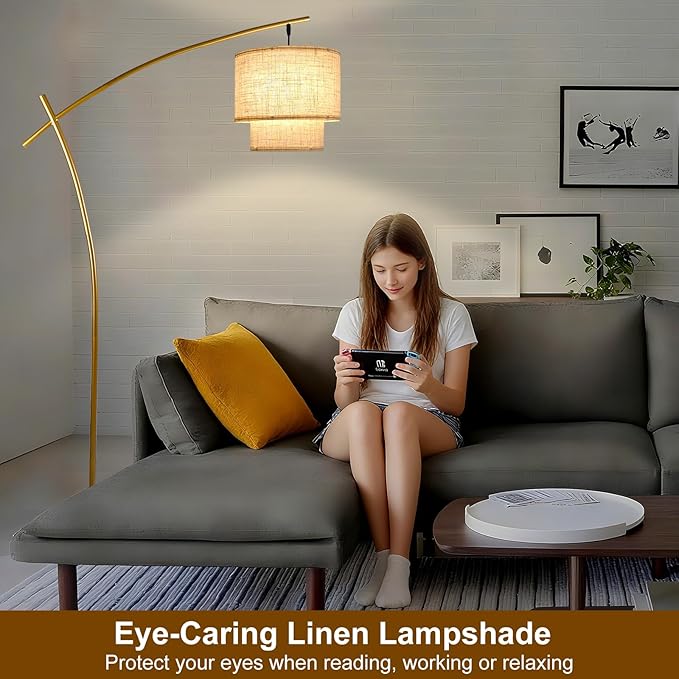 Lightdot Arc Floor Lamp for Living Room, Modern Standing Tall Lamps with Double Linen Shade, Tall Hanging Pole Lamp with Stable Base & Bulb Included for Bedroom/Sofa Beside/Corner Decor-Gold
