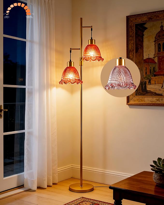 65IN Glass Floor Lamp, 2-Light Gold Tall Standing Lamps Dimmable with Rose Red Glass Lampshade, 3000K Warmwhite Mid Century Modern Floor Lamp for Living Room/Bedroom/Sofa Beside/Home Decor