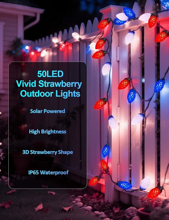 4th of July Decorations C7 Bulb Solar String Lights Outdoor Waterproof 50 LED Red White Blue Solar Lights for Independence Day President Memorial Day Christmas Party Patriotic Decorations