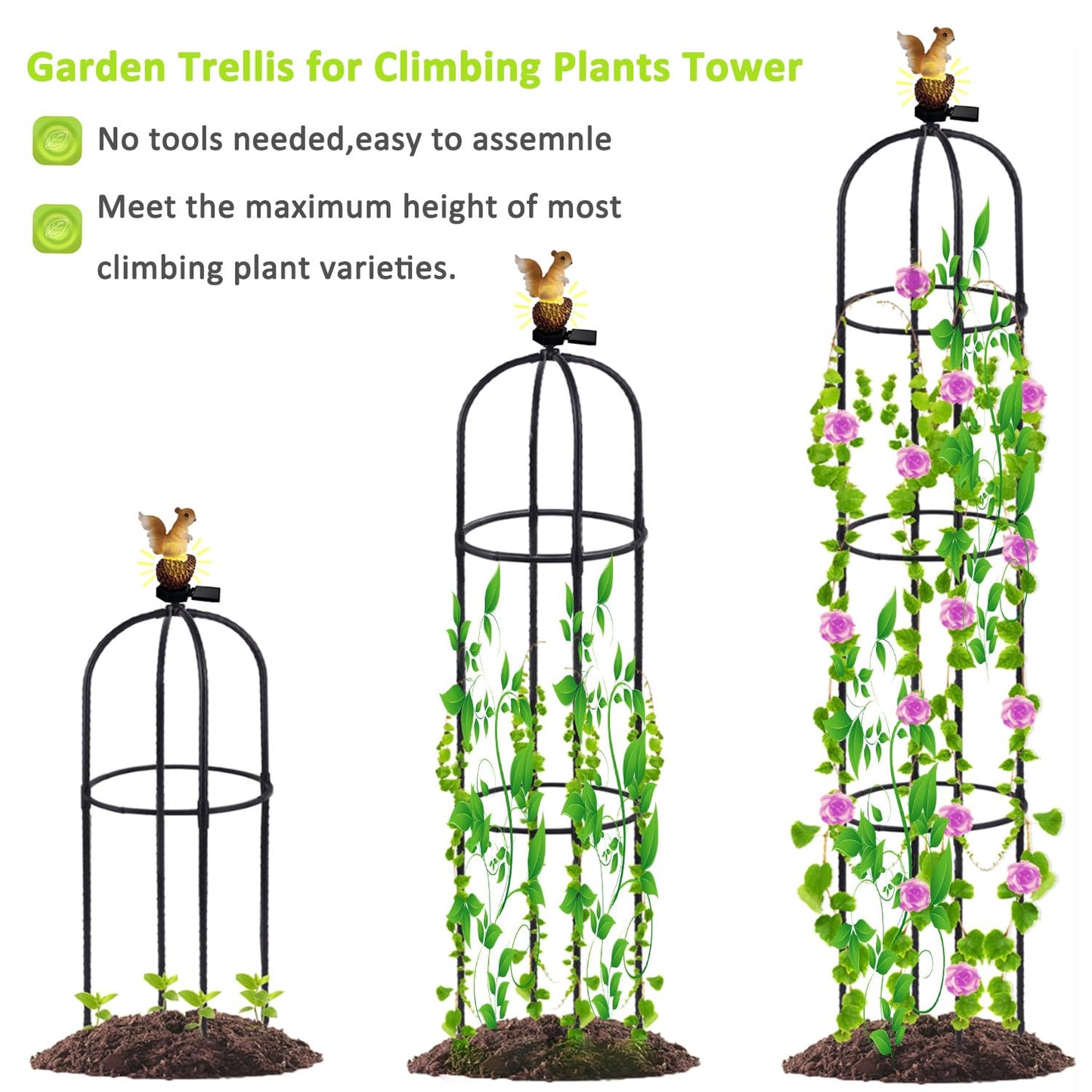 Metal Garden Obelisk Trellis for Climbing Plants Outdoor，Rose Round Trellis with Squirrel Head Auto Sensor Solar Light Rustproof Tomato Plant Support for Vines Cucumbers Tomato Cage,1 Pack