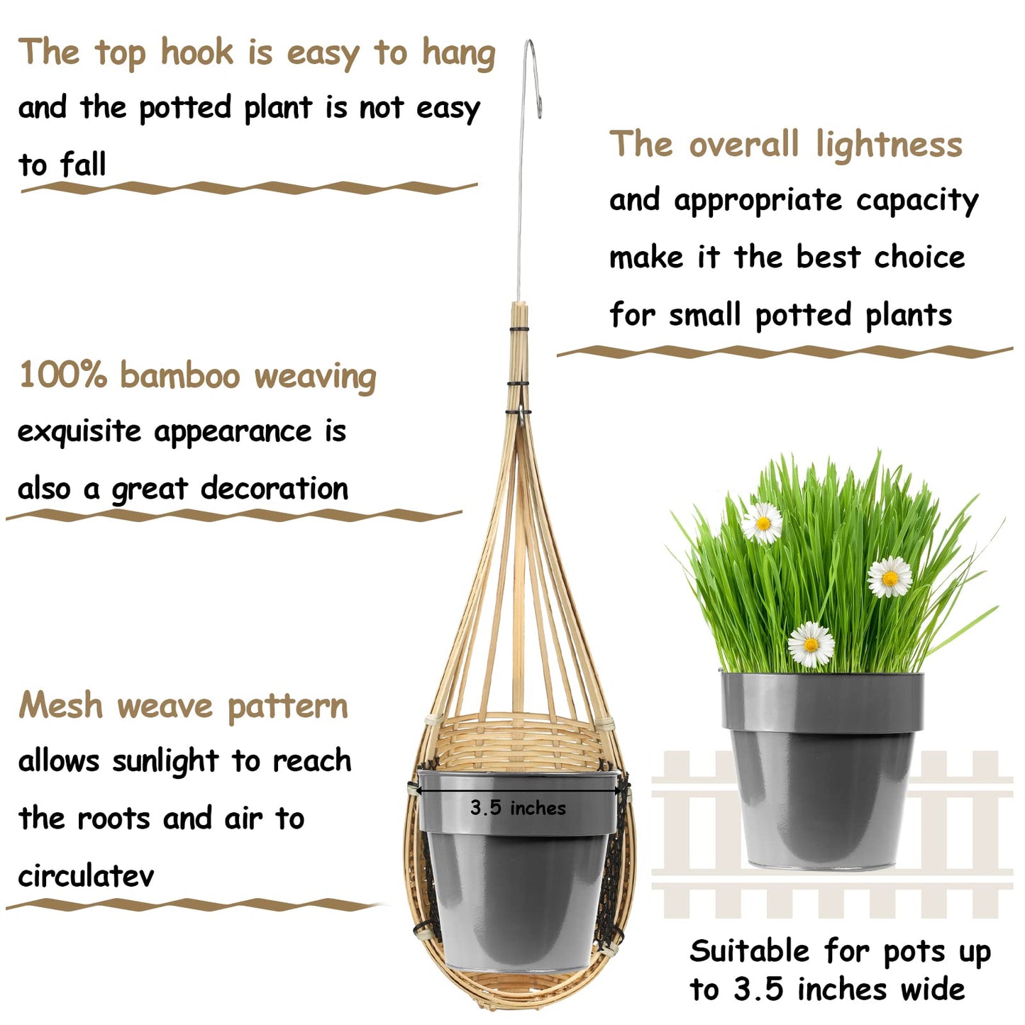 Yookeer 4 Pack Orchid Hanging Basket, 4 Inch Handmade Thai Bamboo Woven Hanging Planter Pot with Adjustable Metal Hook, Breathable Bird Nest Style Gift Basket for Orchids, Indoor Summer Decoration