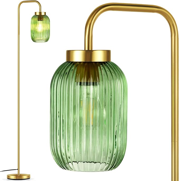 Mid Century Modern Gold Floor Lamp with Green Ribbed Glass Shade, Foot Switch, Vintage Standing Lamp for Bedroom, Living Room, Office (Bulb Not Included)