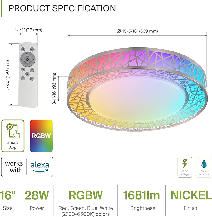 ASD 16 Inch Smart RGBW Flush Mount Ceiling Light with Remote - Brushed Nickel 28W 120V 2700-6500K Dimmable Ceiling Light Fixture, WiFi App Control RGB Lights, Alexa & Google Assistant - ETL, 4 Pack