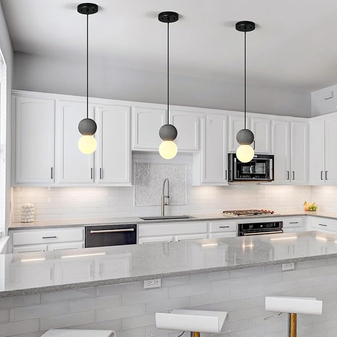 Modern Black 1-Light Concrete Pendant Light Kitchen Island Ceiling Light Fixture White Glass Globe Ball Pendant Lighting for Dining Room Coffee Club Resturant Bar Living Room(2-Pack)