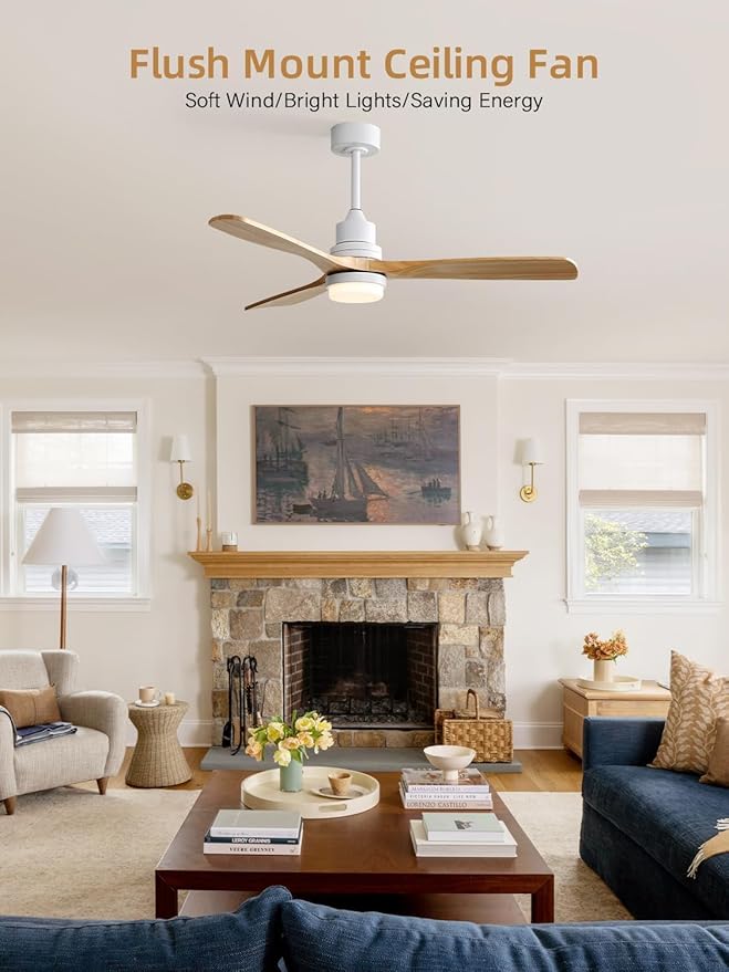 Sofucor 52 Inch Smart Ceiling Fans with Lights and Alexa/Google Assistant/APP/Remote Control-Modern Solid Wood Outdoor 3 Blades Ceiling Fan for Bedroom Living Room Indoor Farmhouse Patio, Natural Wood