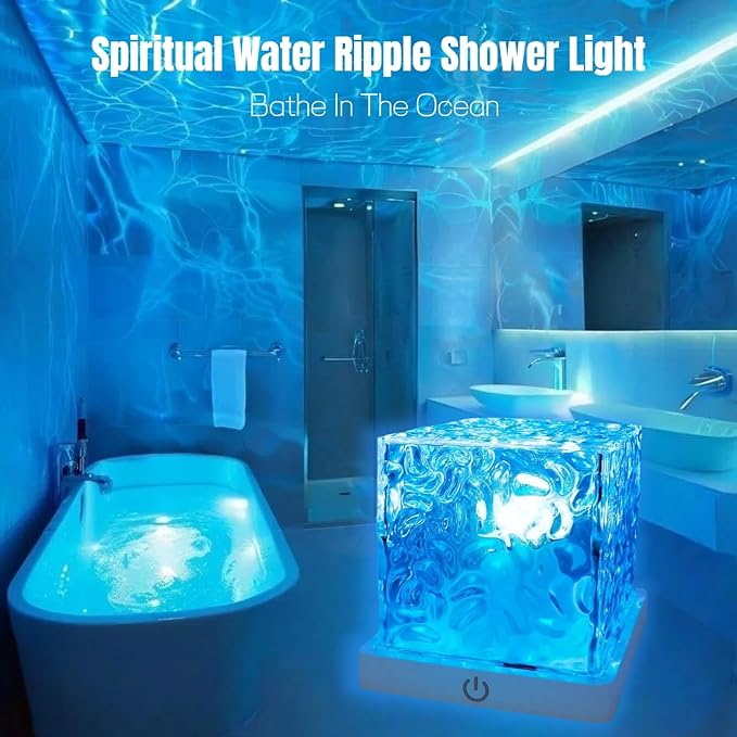 Rechargeable Ocean Wave Projector Light, 16 Color Changeable & Dimmable Shower Lamp with Remote, Cube Mood Ambient Lighting, Ocean Room Decor, Cordless Night Light for Bathroom, Room Decor