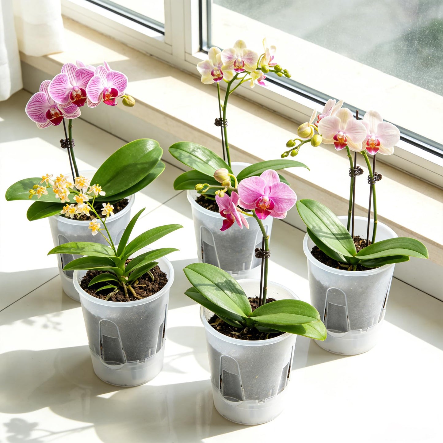 IWNTWY Plant Pots 6 inch Set of 5, Self Watering Pots for Indoor Outdoor, Upgraded Water Inlet Self Watering Planters Flower Pots with Drainage Hole and Clear Saucer Reservoir (Clear)