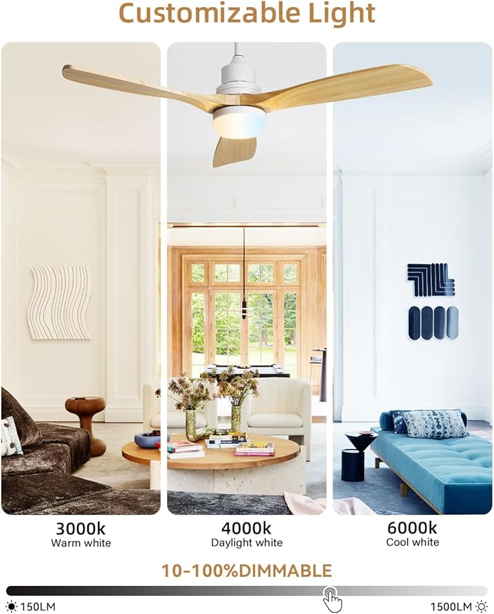 Sofucor 52 Inch Ceiling Fan with Lights and Remote Control-Modern Solid Wood Blade Ceiling Fan for Bedroom Living Room Indoor Outdoor Farmhouse Patio, Quiet DC Motor, Natural Wood
