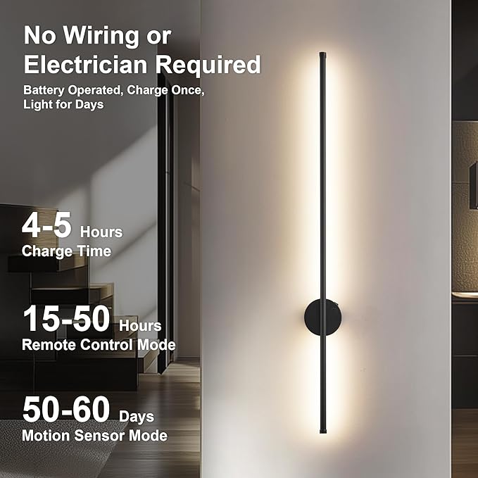 Motion Sensor Battery Operated Wall Sconce Set of Two - Modern Rechargeable Wireless Wall Lights with Remote Control, Dimmable, 3000K/4000K/6000K, Timer for Living Room, Hallway, Black, 39.3 Inch