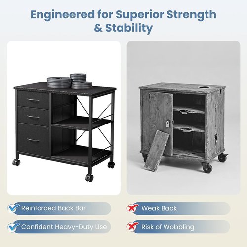 Healsmart Heavy Duty Mobile File Cabinet - 3 Fabric Drawers & Rolling Printer Stand | Black Storage Organizer for Home Office