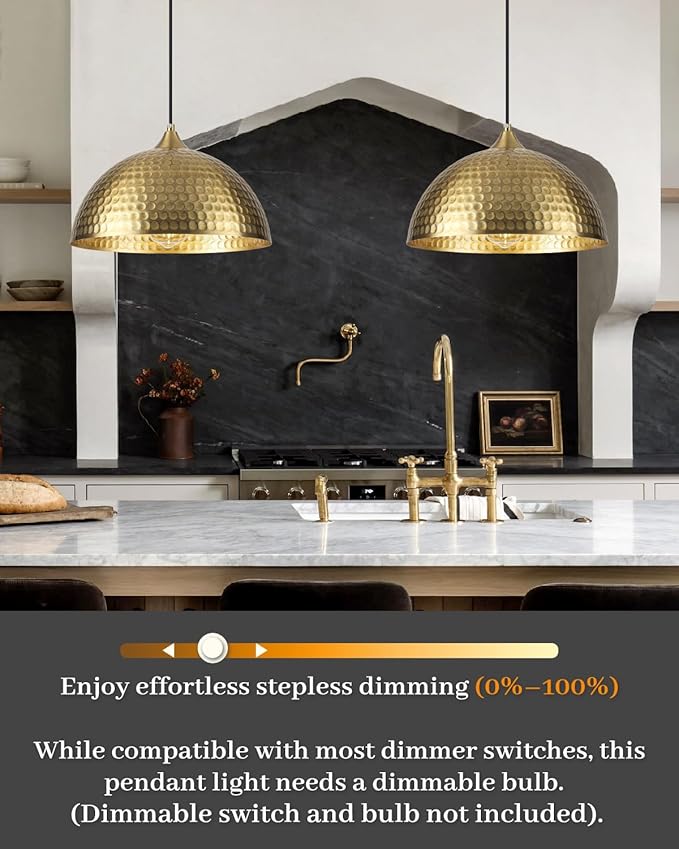 HLOHATAL Hammered Dome Pendant Light 1 Pack, Gold Dome Pendant Light, 12 Inch Metal Industrial Pendant Lights, Kitchen Island Pendant Lights for Kitchen, Dining Room, Bar