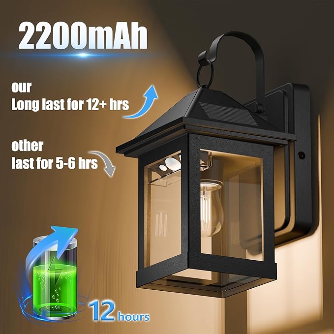 2 Pack Solar Outdoor Wall Lights for Fence Front Door Waterproof Dusk to Dawn Motion Sensor LED Sconce with 3 Modes,3000K E26 Bulb Included,Exterior Porch Lamps Wall Mount Patio Decorative