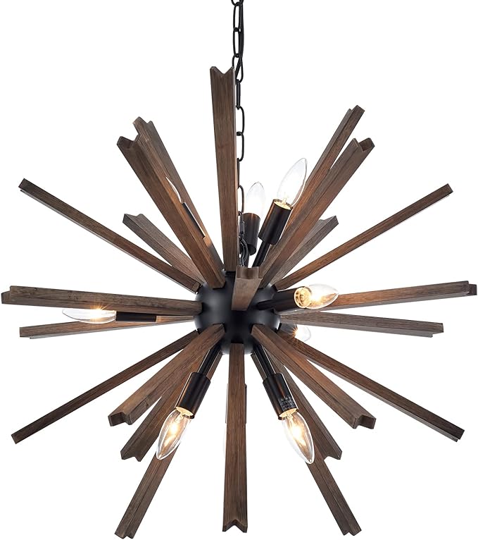 9-Light Sputnik Pendant Light Black, Farmhouse Wood Chandelier for Dining Room Industrial Hanging Light Fixture Ceiling for Bedroom Entryway Kitchen Foyer Living Room